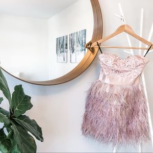 Bebe Strapless Blush Feather Dress